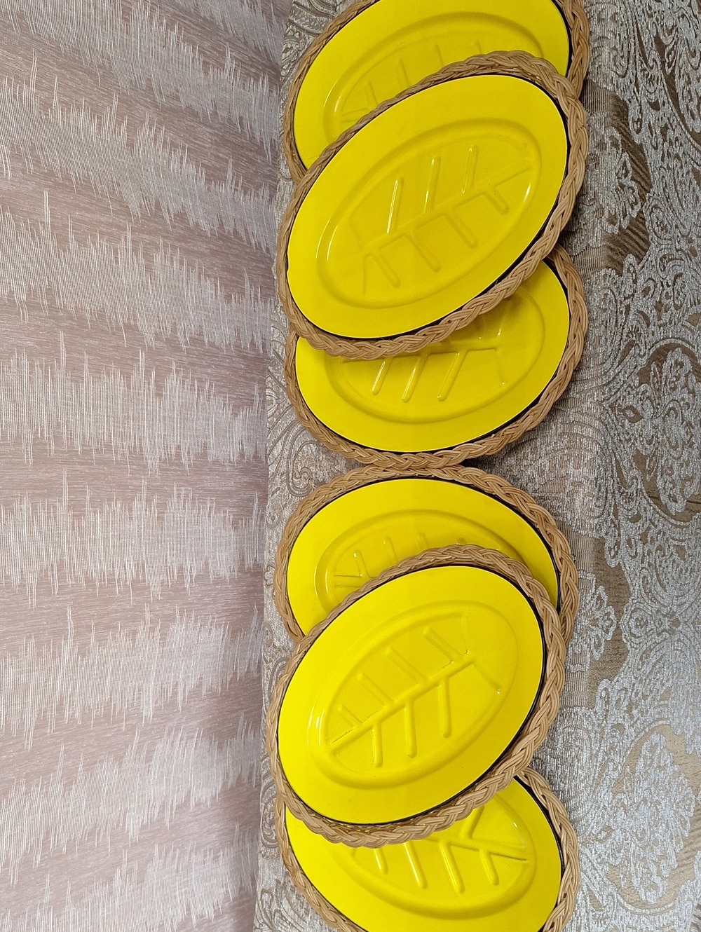 Bright Yellow Vintage Enamelware Oval Tree Plates with Woven Holders - 6